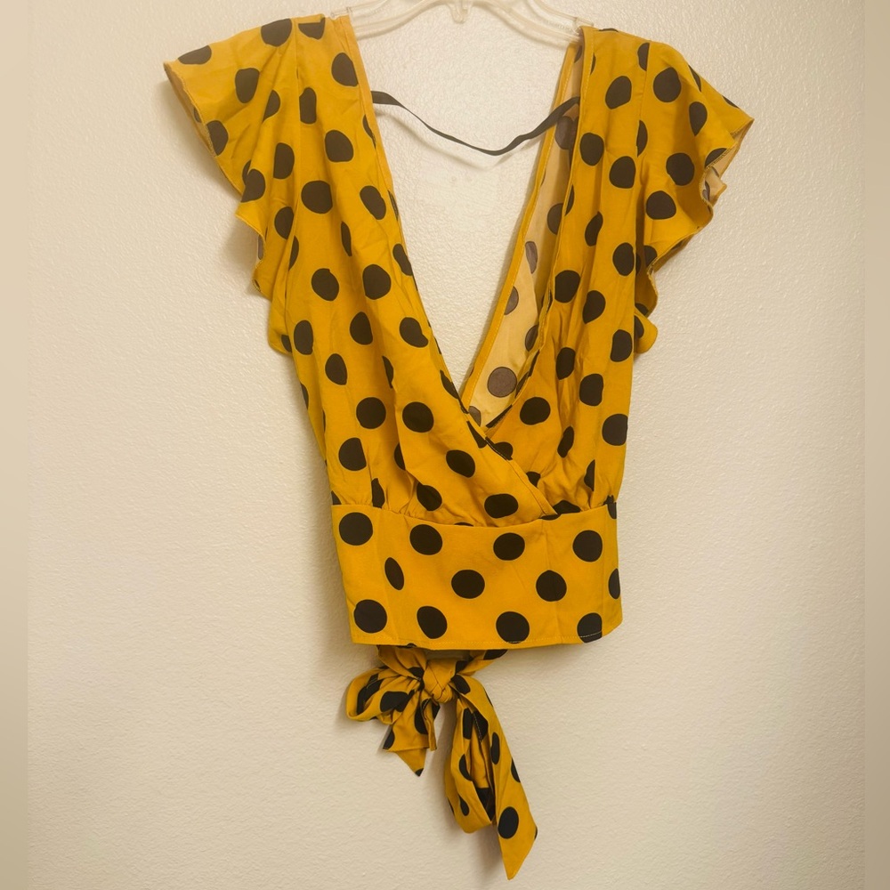 Polka Dot Wrap Crop Blouse in Mustard Yellow